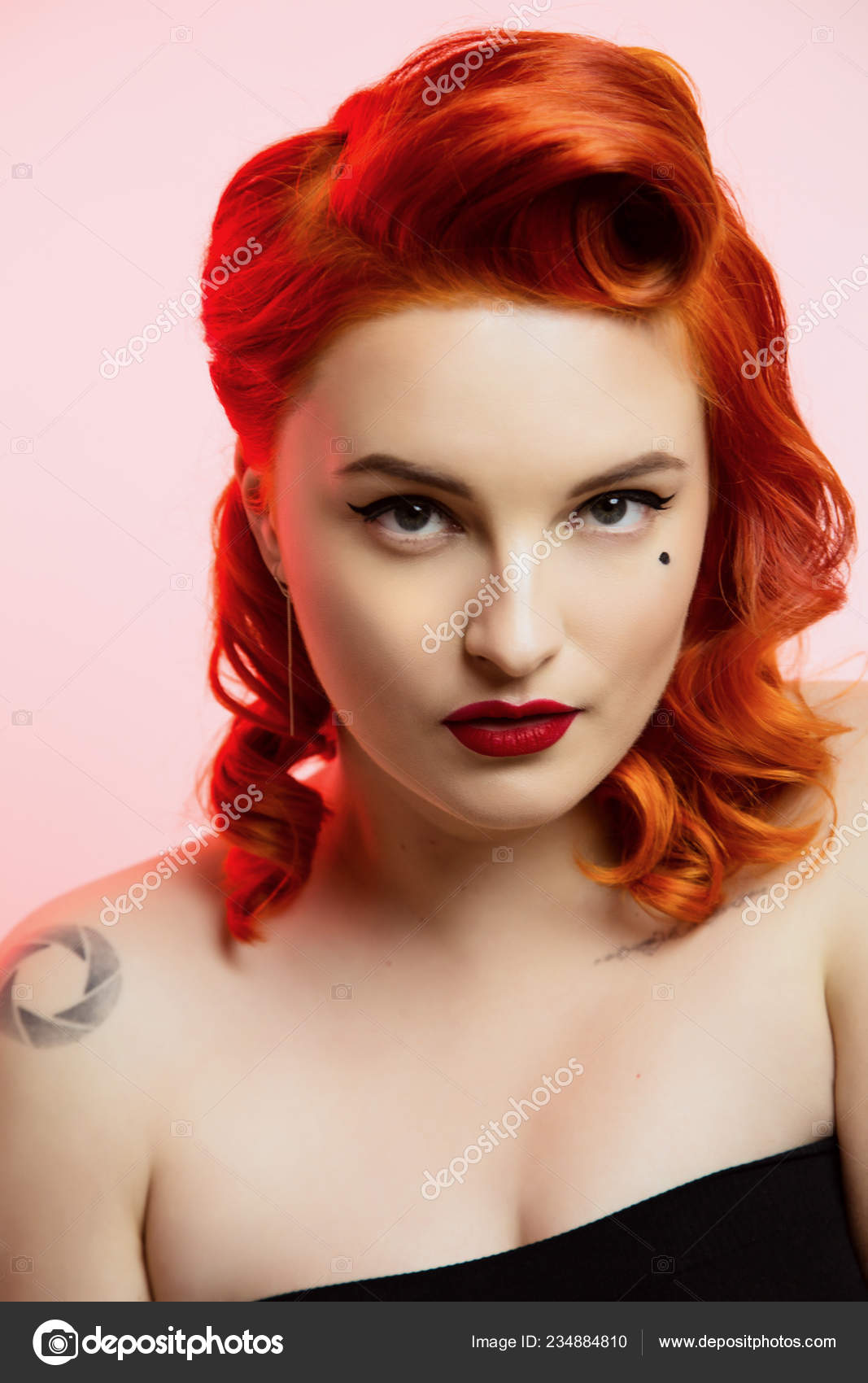 Portrait Beautiful Red Hair Girl Pin Make Hair Studio Colour