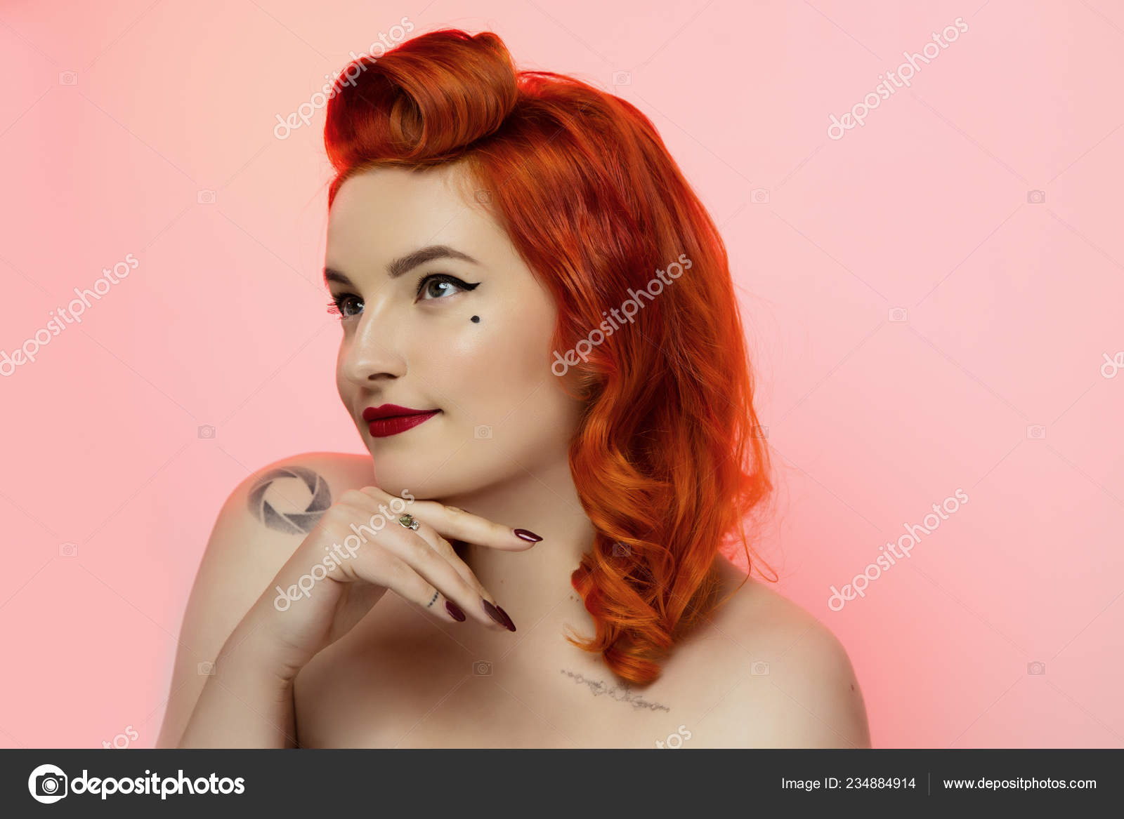 Portrait Beautiful Red Hair Girl Pin Make Hair Studio Colour