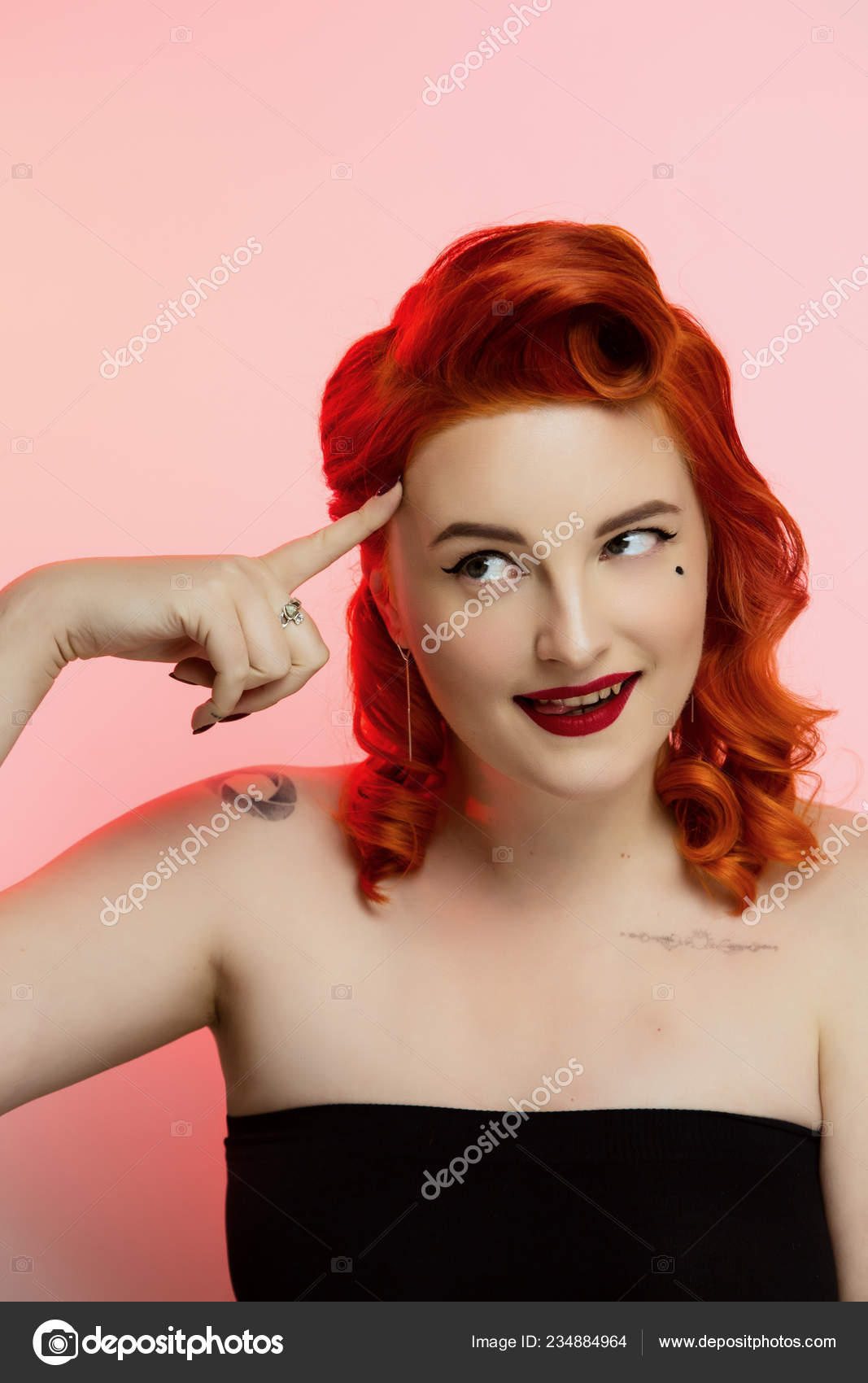 Portrait Beautiful Red Hair Girl Pin Make Hair Studio Colour