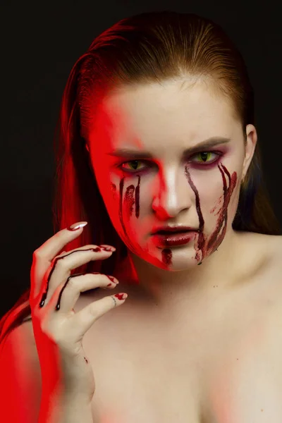 Scary Beauty Halloween Makeup Portrait Beautiful Red Hair Girl Red — Stock Photo, Image