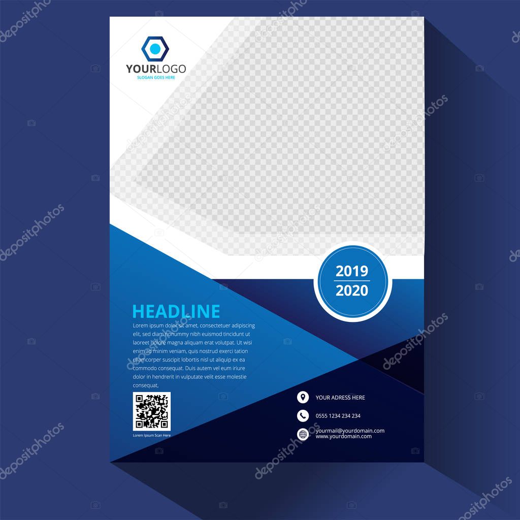 Blue Corporate business annual report brochure flyer design. Leaflet cover presentation. Catalog with Abstract geometric background. Modern publication poster magazine, layout, template. A4 size