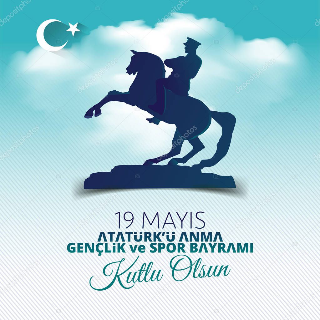 vector illustration 19 mayis Ataturk'u Anma, Genclik ve Spor Bayramiz , translation: 19 may Commemoration of Ataturk, Youth and Sports Day, graphic design to the Turkish holiday, children logo