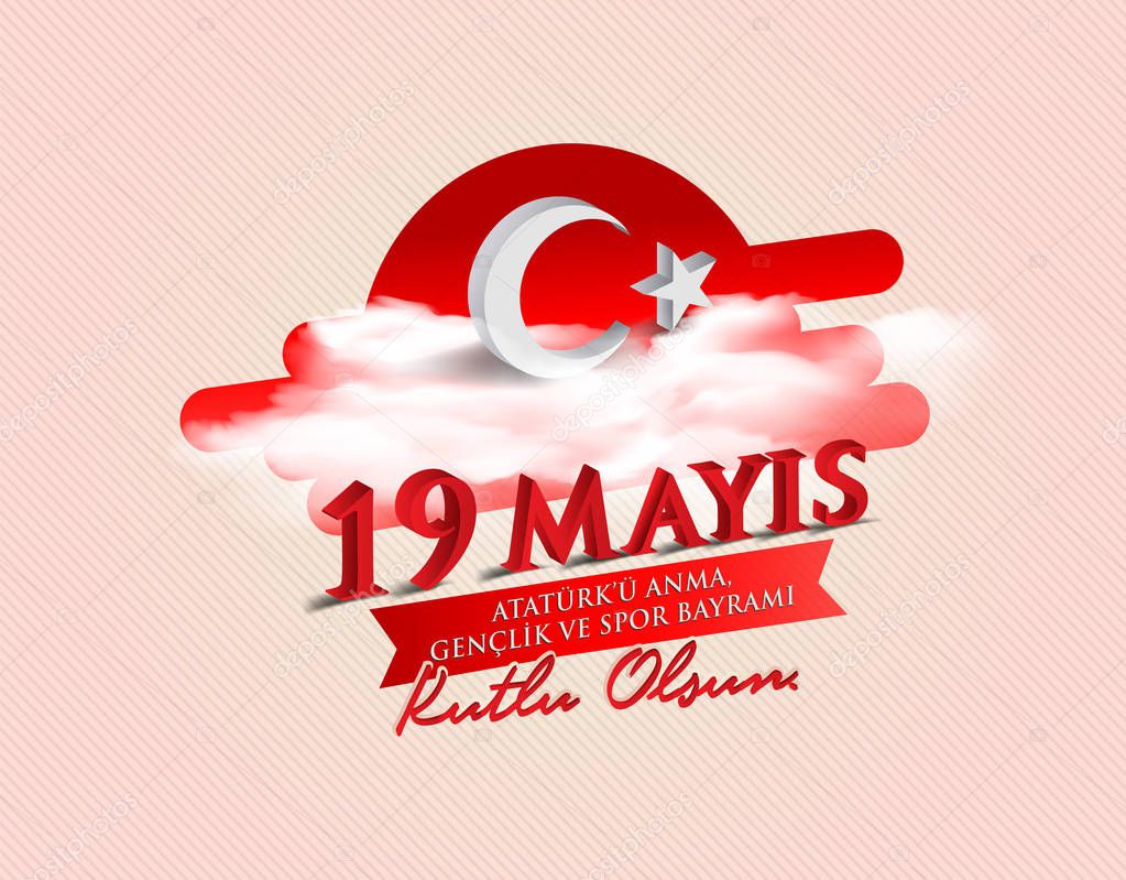 Vector illustration 19 mayis Ataturk'u Anma, Genclik ve Spor Bayramiz , translation: 19 may Commemoration of Ataturk, Youth and Sports Day, graphic design to the Turkish holiday, children logo