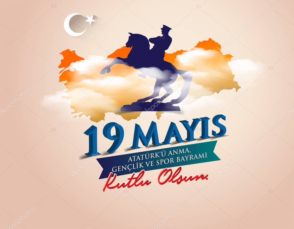 Vector illustration 19 mayis Ataturk'u Anma, Genclik ve Spor Bayramiz , translation: 19 may Commemoration of Ataturk, Youth and Sports Day, graphic design to the Turkish holiday, children logo