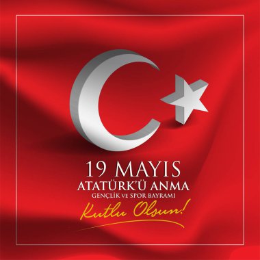 vector illustration 19 mayis Ataturk'u Anma, Genclik ve Spor Bayrami , translation: 19 may Commemoration of Ataturk, Youth and Sports Day, graphic design to the Turkish holiday, children logo clipart