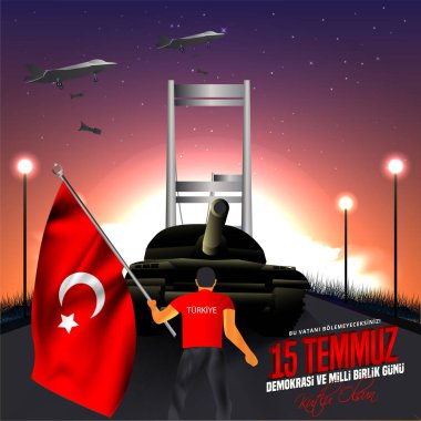 Adam, elinde el sallayarak Türk bayrağı ile, tankının karşısında duruyor. 15 Temmuz günü Türkiye. Türkiye 'de başlık tercümesi 15 Temmuz demokrasi ve ulusal birlik günü.