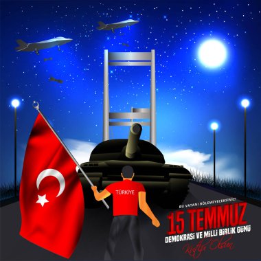 Adam, elinde el sallayarak Türk bayrağı ile, tankının karşısında duruyor. 15 Temmuz günü Türkiye. Türkiye 'de başlık tercümesi 15 Temmuz demokrasi ve ulusal birlik günü.
