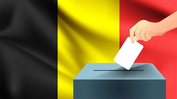 ベルギー国旗を背景に投票用紙のシンボルとしてマークが付いた白い紙を置く男性の手 ベルギーの選挙のシンボル — ストックベクタ