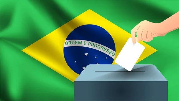 男性の手は ブラジルの旗 ブラジルの選挙のシンボルを背景に投票用紙のシンボルとしてマークが付いた白い紙を置きます — ストックベクタ