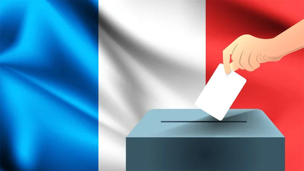 男性の手は フランスの旗を背景に投票用紙のシンボルとしてマークが付いた白い紙を置き フランスは選挙のシンボル — ストックベクタ