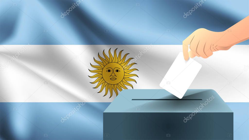 Male hand puts down a white sheet of paper with a mark as a symbol of a ballot paper against the background of the Argentina flag, Argentina the symbol of elections