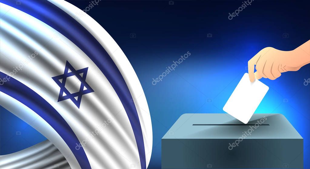 Male hand puts down a white sheet of paper with a mark as a symbol of a ballot paper against the background of the Israel flag, israel the symbol of elections