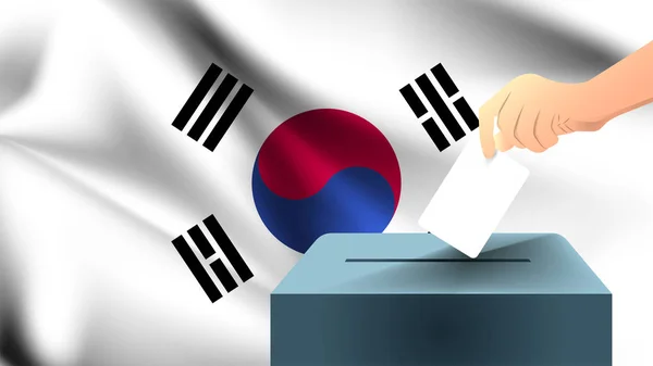 선거의 상징인 대한민국 국기를 배경으로 투표용지의 상징으로 표기된 종이를 내려놓는 — 스톡 벡터