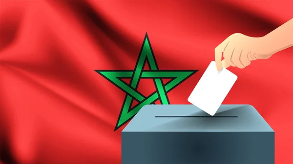 남성의 모로코 국기의 배경에 용지의 상징으로 마크와 종이를 모로코 선거의 — 스톡 벡터