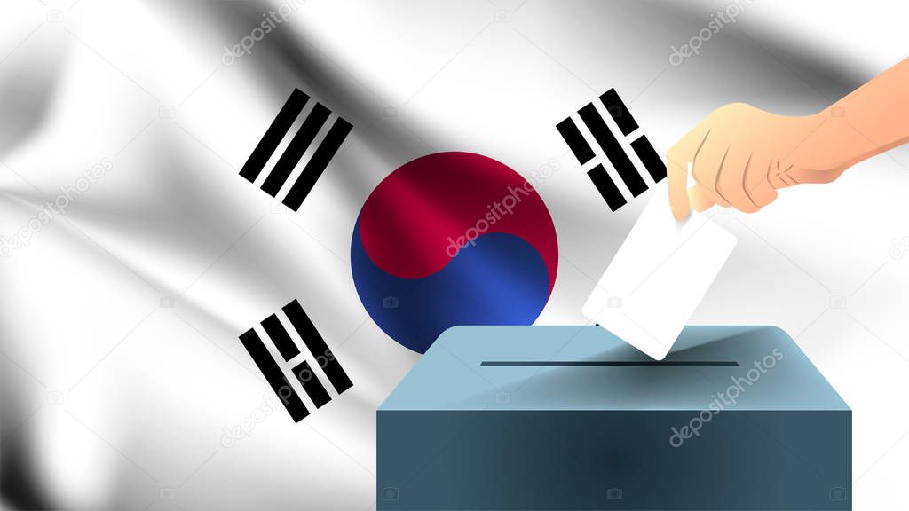 Male hand puts down a white sheet of paper with a mark as a symbol of a ballot paper against the background of the South Korea flag, South Korea the symbol of elections
