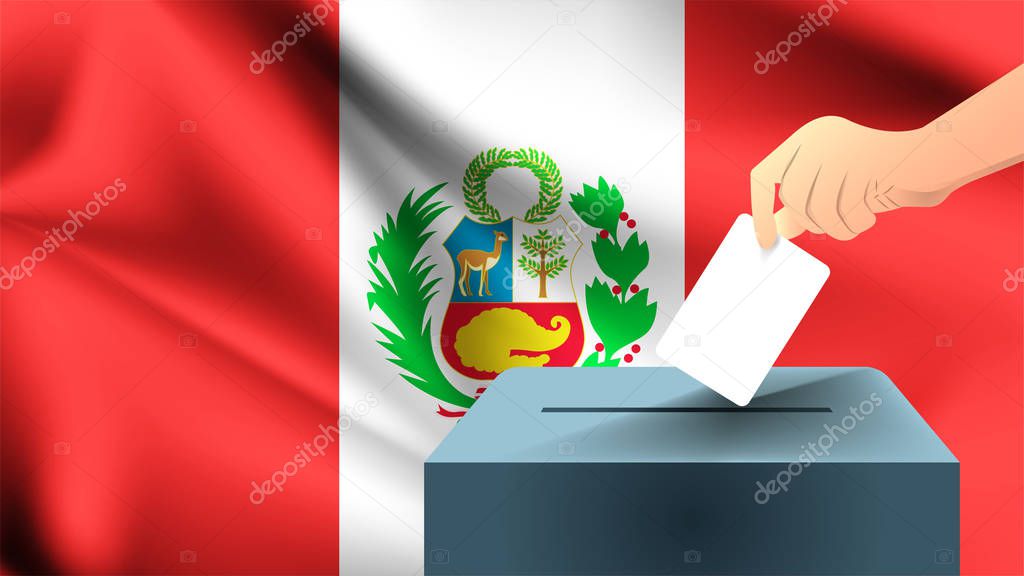 Male hand puts down a white sheet of paper with a mark as a symbol of a ballot paper against the background of the Peru flag, Peru the symbol of elections