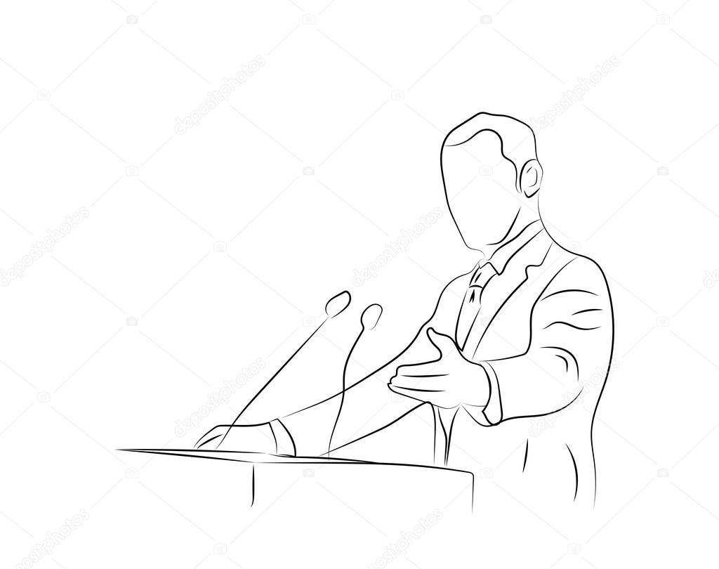 Business conference, business meeting. Man at rostrum in front of audience. Public speaker giving a talk at conference hall- continuous line drawing
