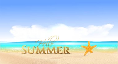 Merhaba yaz web afiş arka plan. Kum ve deniz yıldızı ile deniz veya havuz. Merhaba Yaz Tatili parti plaj şablonu fon. Vektör çizimi.