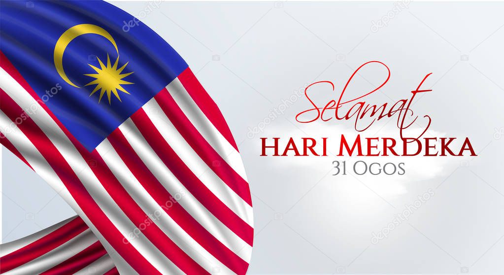 Flag of Malaysia. Selamat Hari Merdeka holiday. Translate: Malaysia Independence day background.  Template for poster, banner, flyer, invitation, etc.