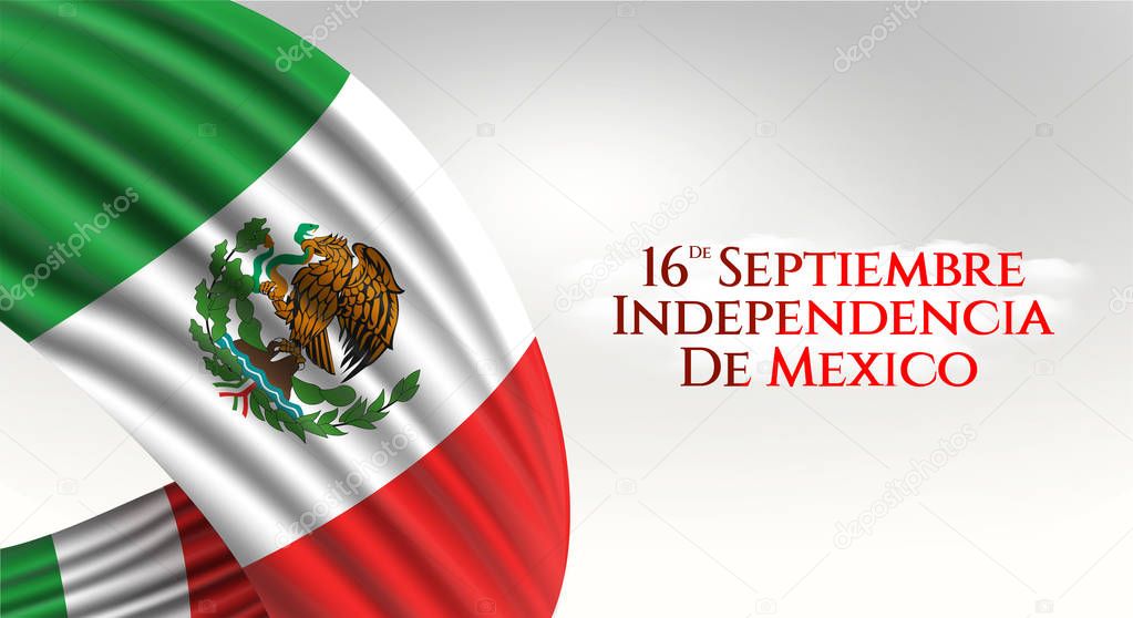 16 September, Mexico Happy Independence Day greeting card. Waving mexican flags isolated on white background. Patriotic Symbolic background Vector illustration