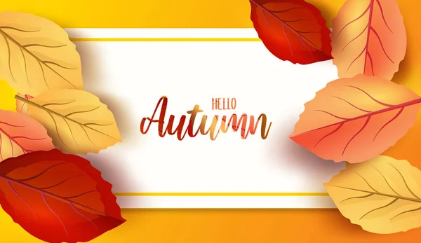 抽象五颜六色的叶子装饰背景你好秋天广告标题或横幅设计 矢量插图 — 图库矢量图片