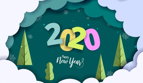 2020 Karta Nového Roku Zeleným Pozadím Mraky Ilustrace Vektorového Papíru — Stockový vektor
