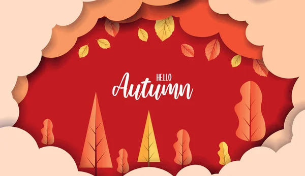 树和树叶在云和你好秋天广告标题或横幅设计 剪纸和工艺风格背景 矢量插图 — 图库矢量图片
