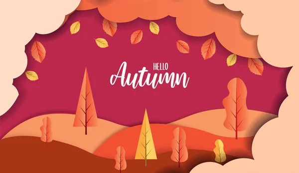 树和树叶在云和你好秋天广告标题或横幅设计 剪纸和工艺风格背景 矢量插图 — 图库矢量图片