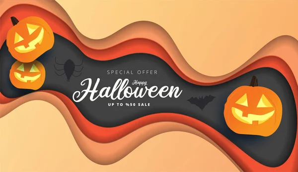 Papír Halloweenské Noční Pozadí Létáním Netopýrů Dýně Pavouky Leták Nebo — Stockový vektor