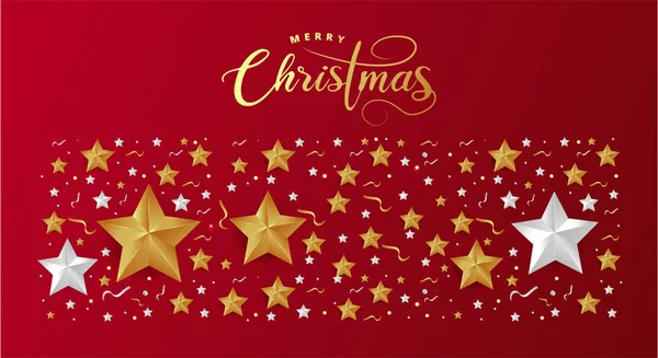 红色圣诞背景 边框是由切割出的金花星做成的 别致的圣诞贺卡 — 图库矢量图片