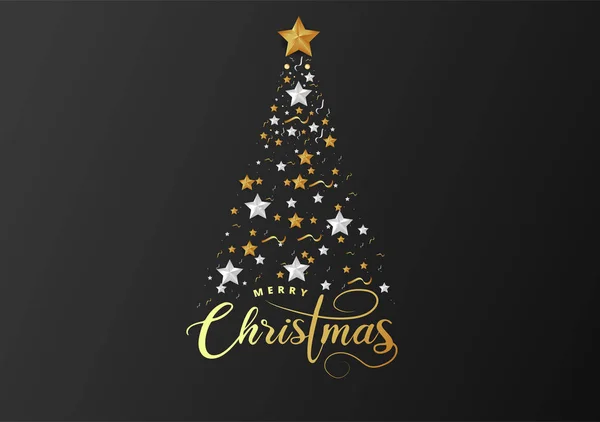 圣诞树是由剪下的金花和白纸星 银光珠和黑色背景做成的 别致的圣诞贺卡 — 图库矢量图片