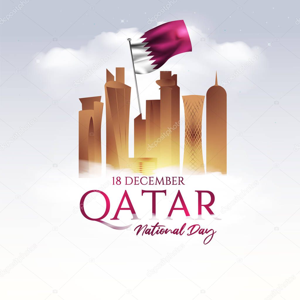 vector holiday illustration. National Day of Qatar. a national holiday celebrating the union and gaining independence Qatar December 18, 1878. silhouettes sights of Qatar capital of Doha