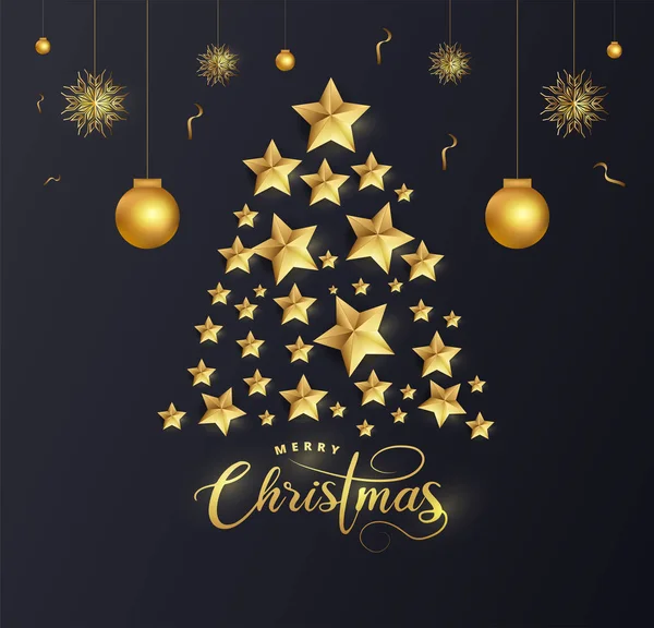 创意圣诞树由金色的星星与包和雪花在蓝色背景为圣诞快乐庆祝活动 — 图库矢量图片