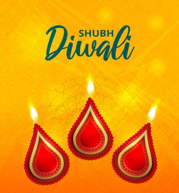 Mutlu Diwali kutlama konsepti için turuncu mandala desen arka plan ışıklı yağ lambası (Diya) üst görünümü.