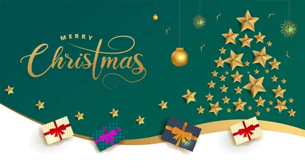 メリークリスマスのお祝いグリーティングカードのデザインは ギフトボックス 金色の星と緑の背景にボーブルのトップビューで飾られました — ストックベクタ