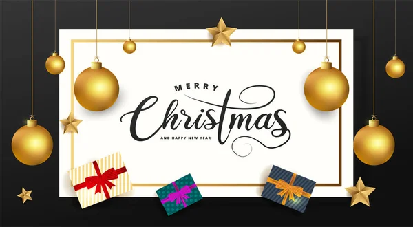 圣诞快乐 新年快乐 在黑色背景的白色长方形上的字母 用金色圣诞球 星星和礼品盒制作的贺年卡 病媒图解 — 图库矢量图片