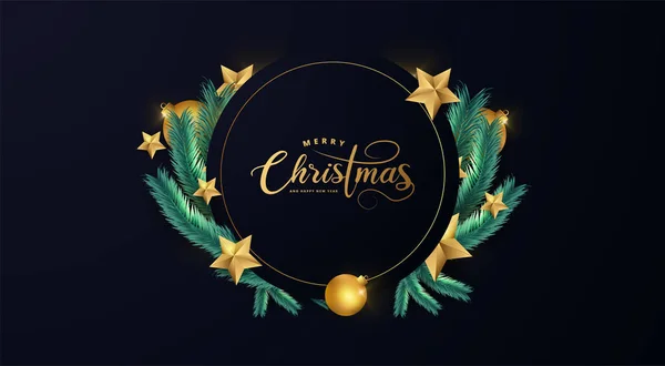 Веселого Рождества Счастливого Новогоднего Оформления Фона Реалистичными Ветвями Деревьев Золотыми — стоковый вектор