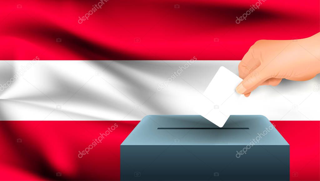 Male hand puts down a white sheet of paper with a mark as a symbol of a ballot paper against the background of the Austria flag. Austria the symbol of elections