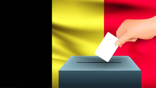 男性の手は ベルギーの国旗を背景にした投票用紙の象徴としてマークのついた白い紙を置いています ベルギーは選挙の象徴 — ストックベクタ