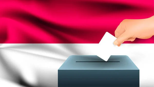 男性の手は インドネシアの国旗を背景にした投票用紙の象徴として 印のついた白い紙を置きます インドネシア選挙のシンボル — ストックベクタ