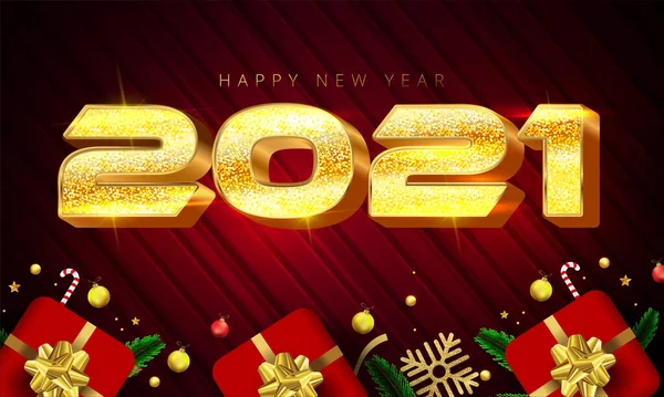 Glänzend Goldene Farbe Stil 2021 Frohes Neues Jahr Schriftzug Geschenkschachteln — Stockvektor