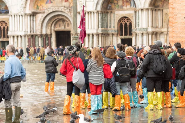 Venice Itália Novembro 2018 Grupo Turístico Com Botas Impermeáveis Coloridas — Fotografia de Stock