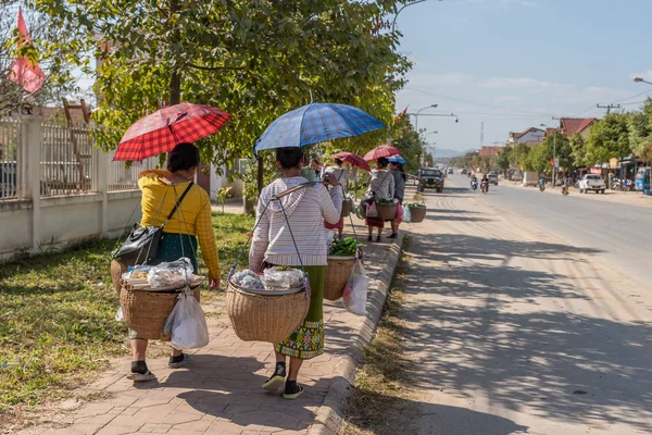Phonsovan Laos Janvier 2019 Commerçants Marché Féminins Sur Rue Principale — Photo