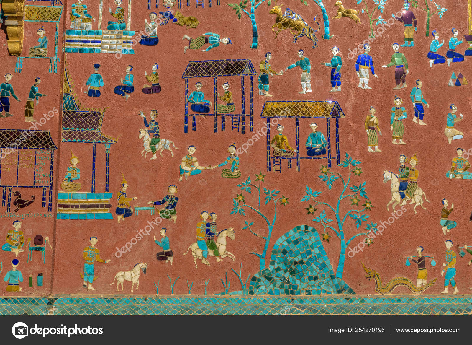 Section Temple Wall Decoration Made Colourful Glass Tiles Stone Wat