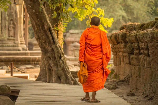 Lone Monk Walking Buddhist Temple Prohm Angkor Wat Complex Cambodia — Stock Photo, Image