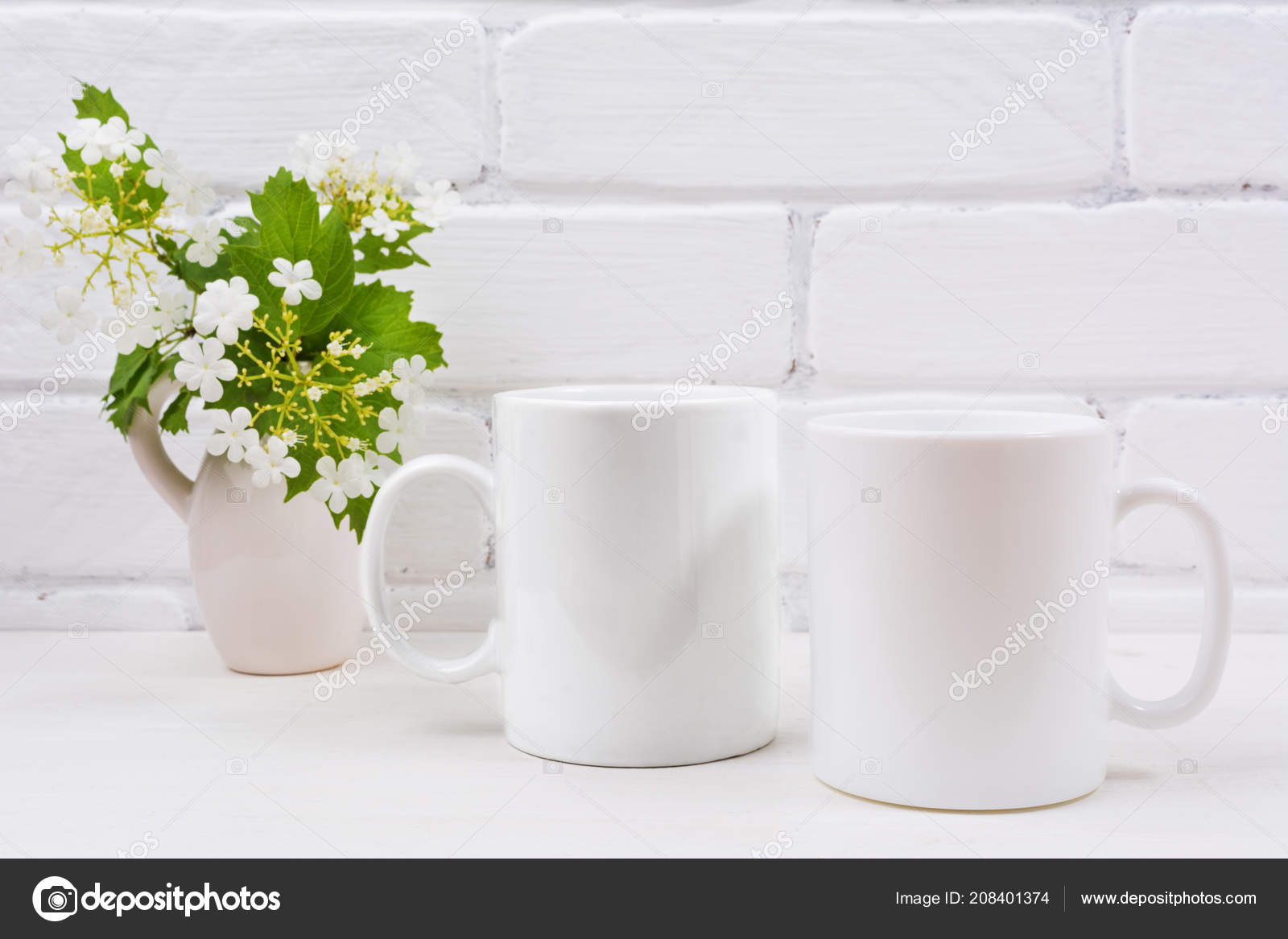 Download Two White Coffee Mug Mockup Flowering Viburnum Branch Empty Mug Stock Photo Image By C Tasipas 208401374