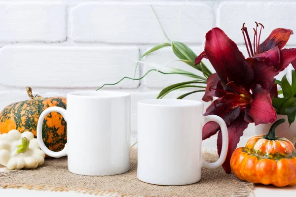 Two white coffee  mug mockup with Thanksgiving fall orange pumpkin and red lily.  Empty mug mock up for design promotion.