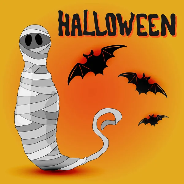 Cartoon style vector Halloween design with mummy and bats flying on the bloody moon background