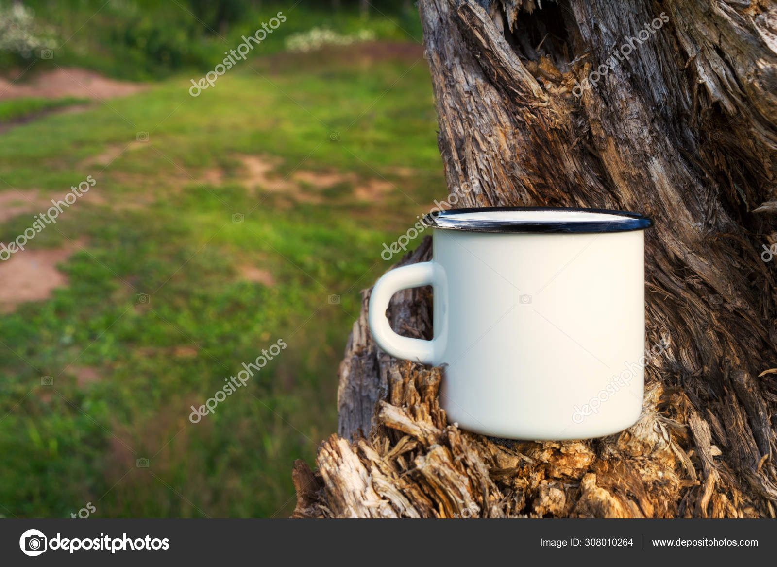 Download White Campfire Enamel Mug Mockup With Tree Stump Stock Photo C Tasipas 308010264