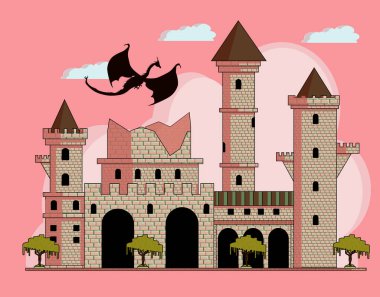 castle from the world of fantasy that is attacked by the dragon clipart